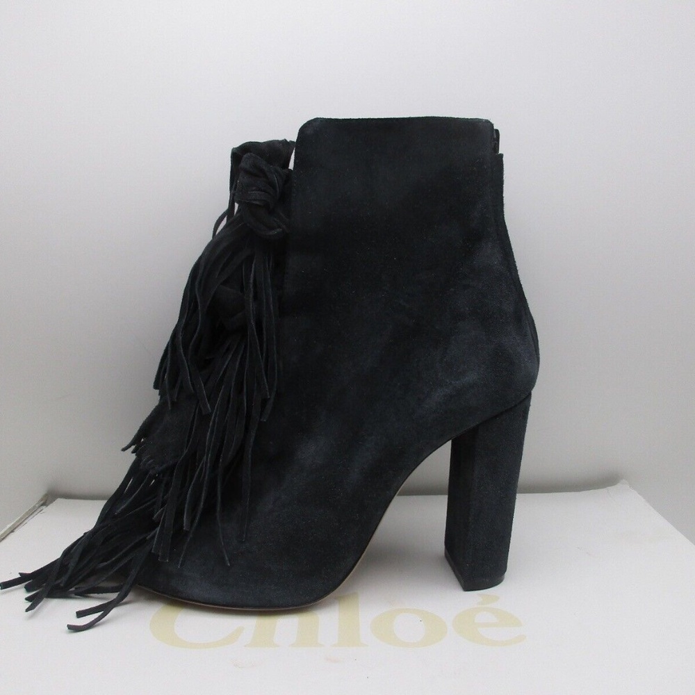 Chloe Round Toe Fringe Ankle Booties Charcoal Grey Suede 40 $1090